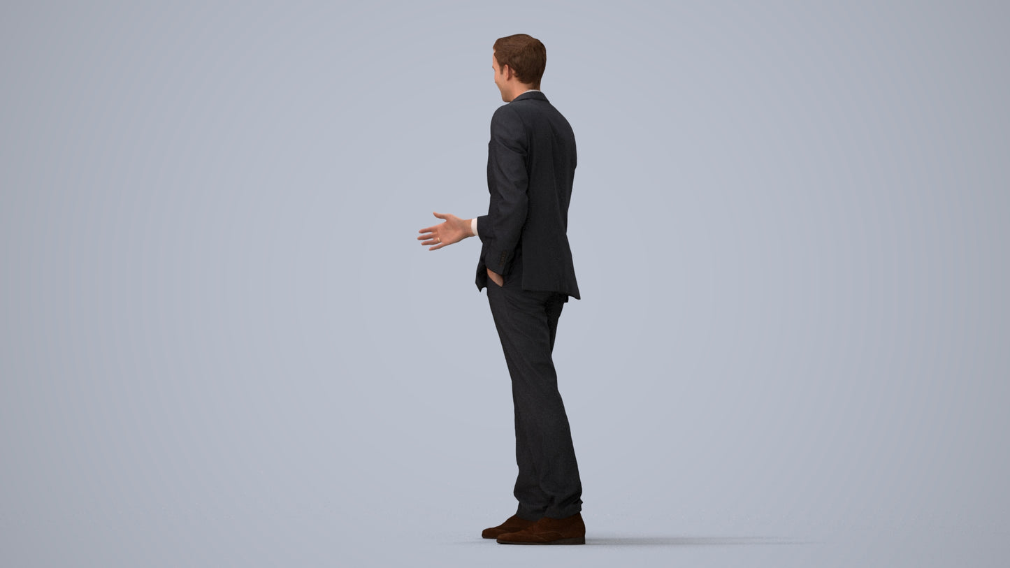 realistic 3D human man business, archviz people FBX OBJ for Blender, three-quarter view render