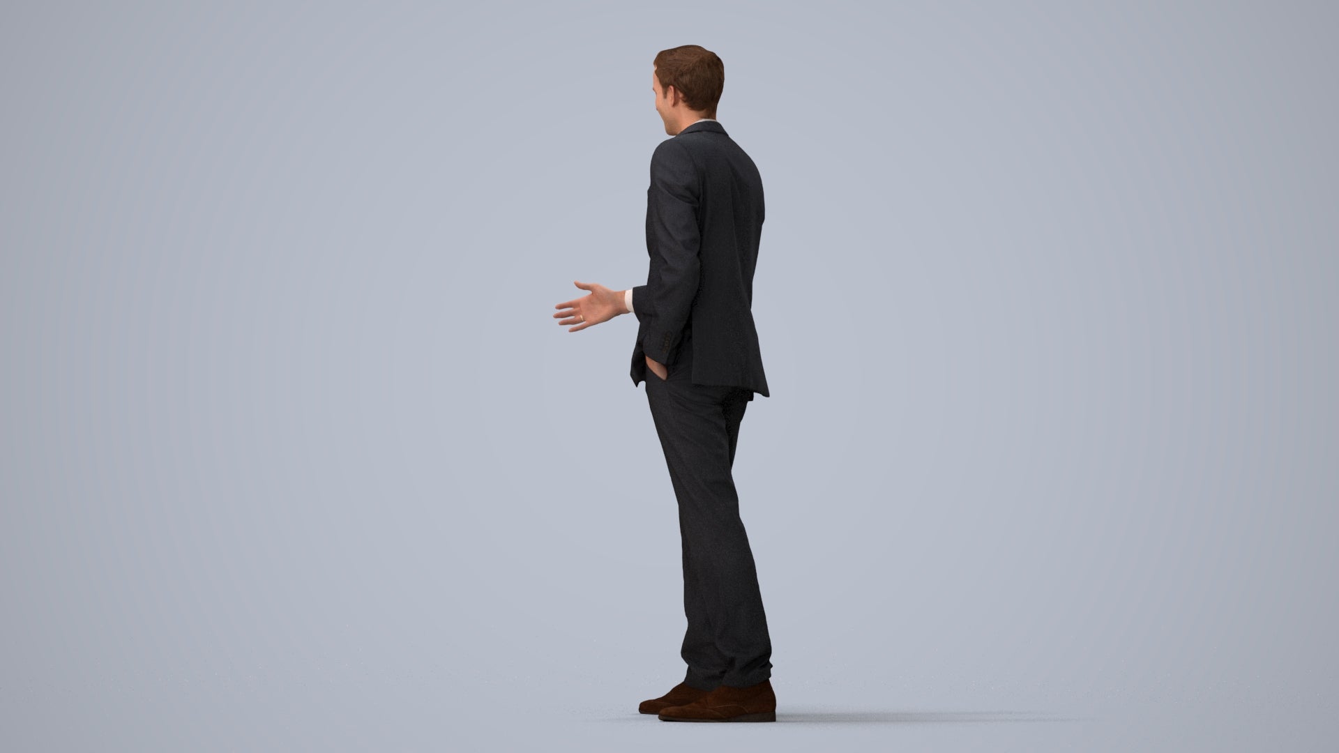 realistic 3D human man business, archviz people FBX OBJ for Blender, three-quarter view render
