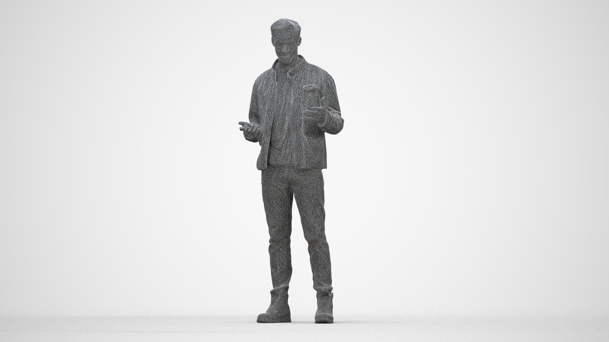 3D human model man casual standing, photogrammetry scanned person for archviz, wireframe back view