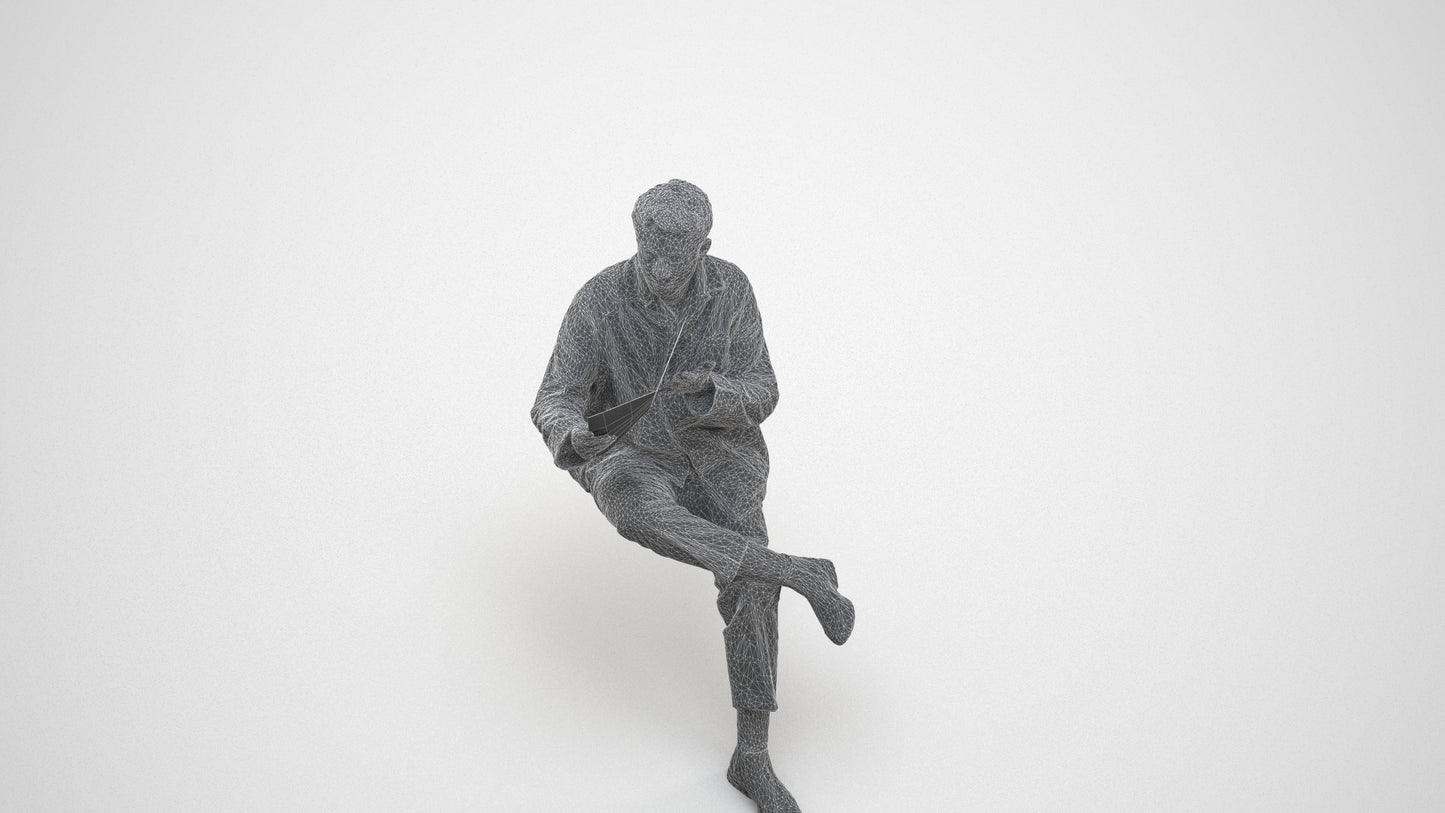 photogrammetry 3D man casual sitting, realistic human model archviz FBX, wireframe three-quarter view