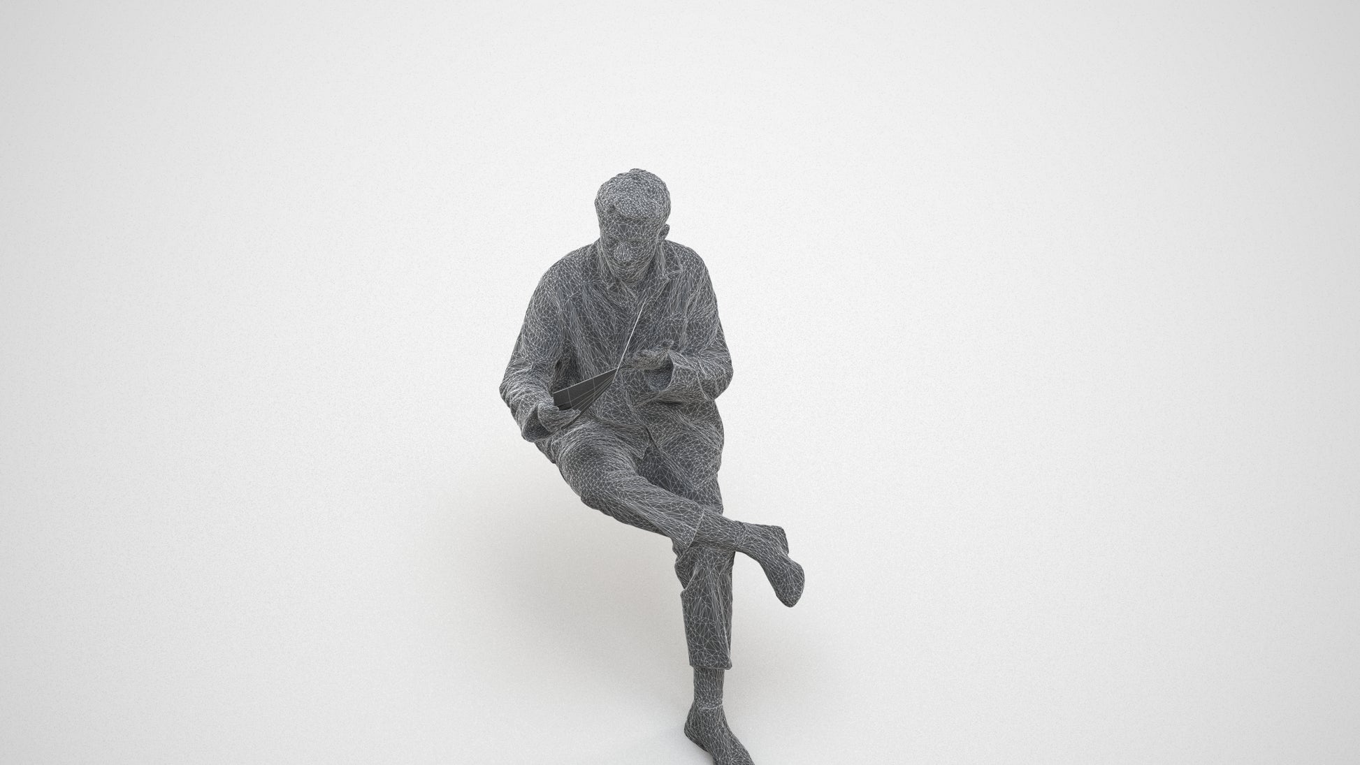 photogrammetry 3D man casual sitting, realistic human model archviz FBX, wireframe three-quarter view