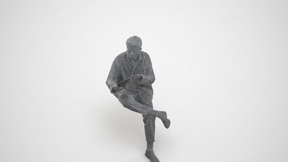photogrammetry 3D man casual sitting, realistic human model archviz FBX, wireframe three-quarter view