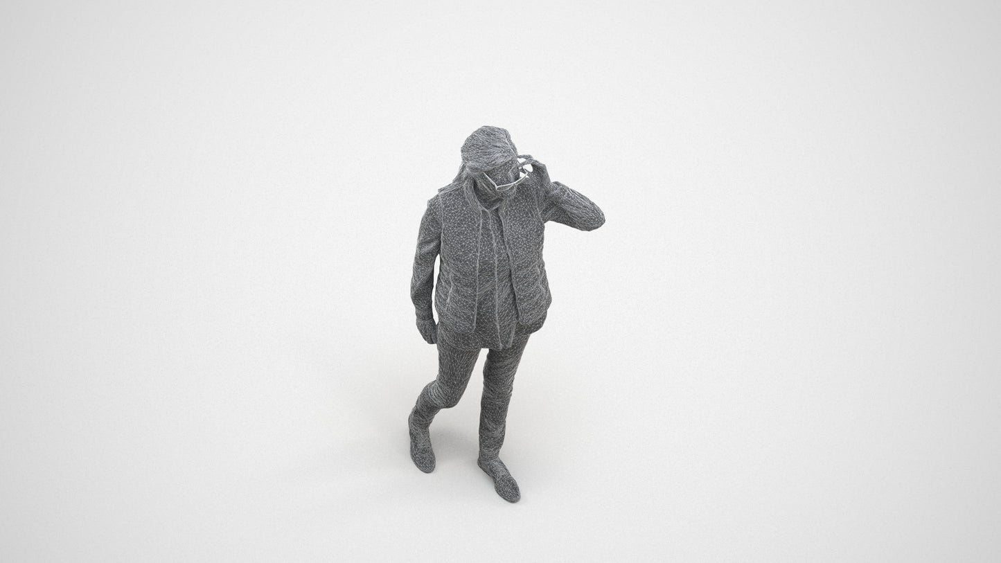 3D human model senior woman casual standing, photogrammetry scanned person for archviz, wireframe three-quarter view