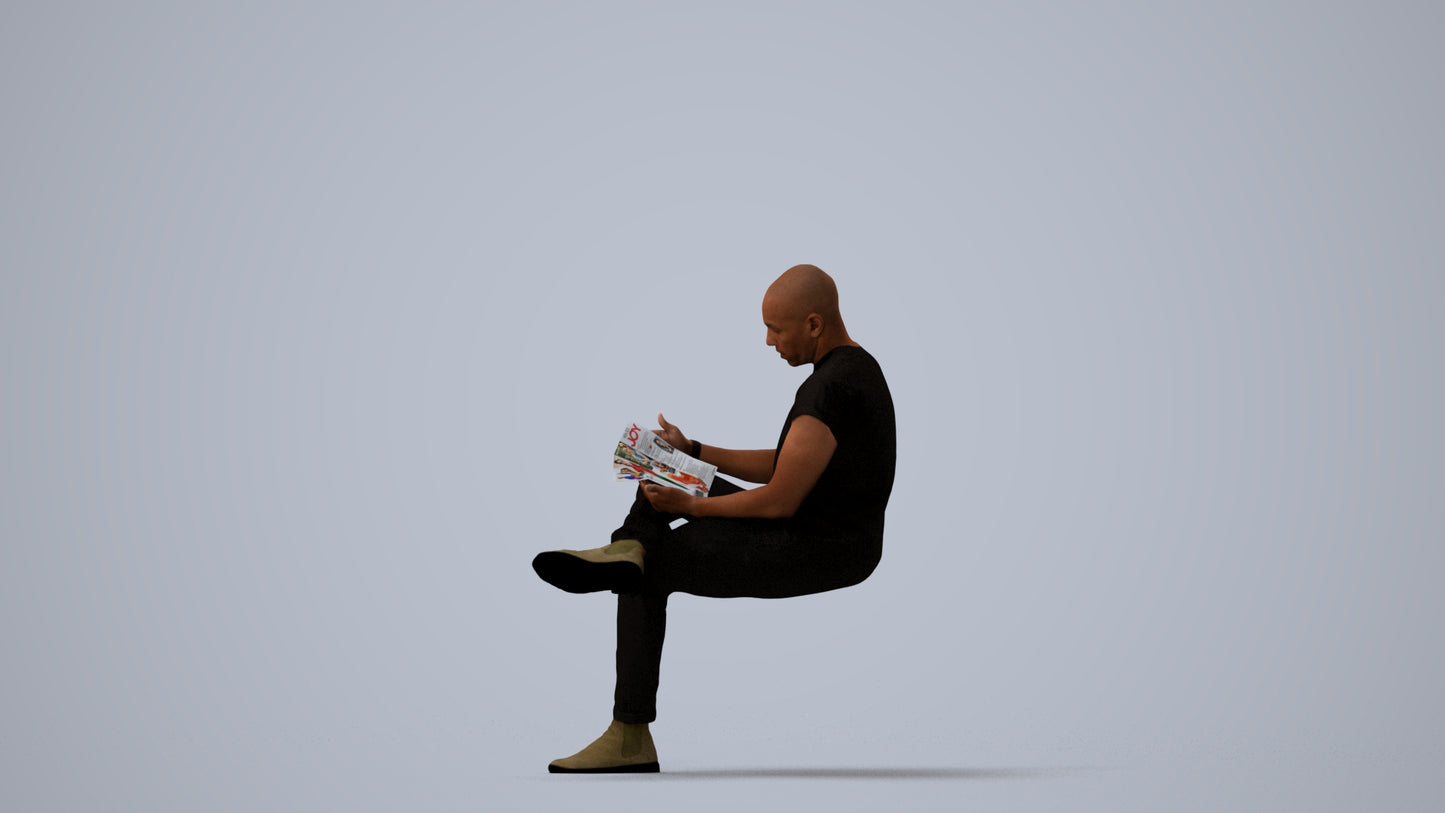 realistic 3D people man casual sitting, render-ready for V-Ray and Corona, FBX OBJ, three-quarter view render