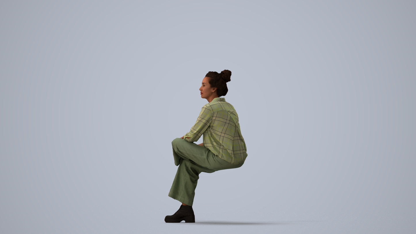 realistic 3D human woman casual sitting, archviz people FBX OBJ for Blender, three-quarter view render