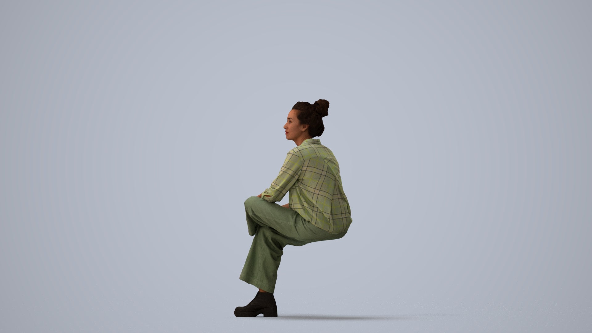 realistic 3D human woman casual sitting, archviz people FBX OBJ for Blender, three-quarter view render