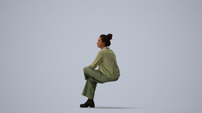 realistic 3D human woman casual sitting, archviz people FBX OBJ for Blender, three-quarter view render