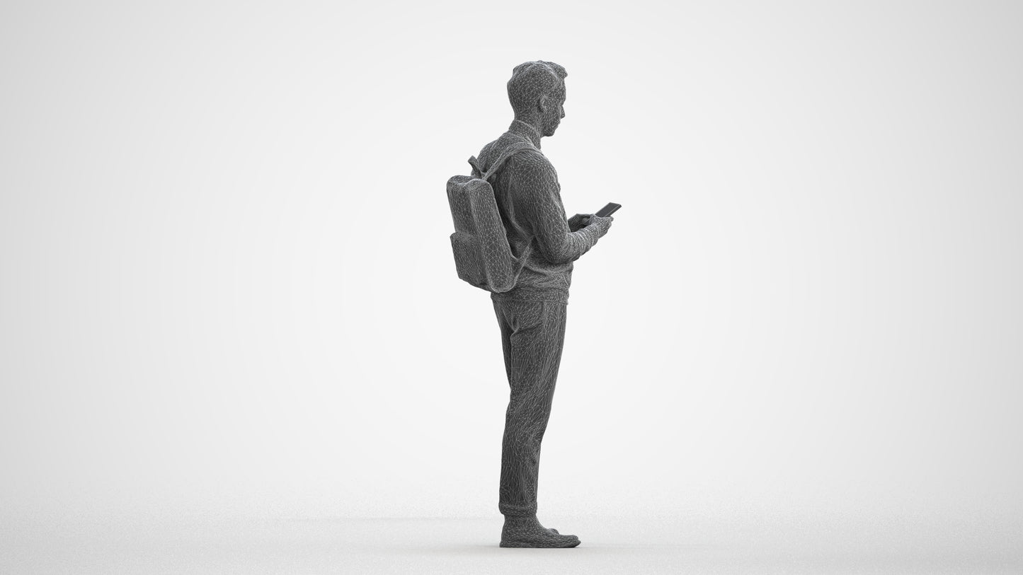 3D people model man casual standing, scanned human for 3ds Max rendering, wireframe front view