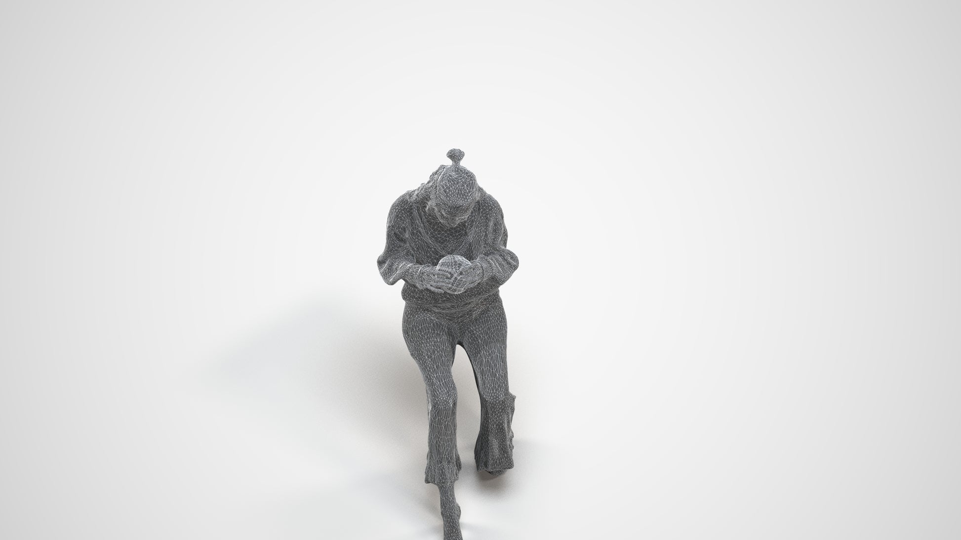 3D human model woman casual sitting, photogrammetry scanned person for archviz, wireframe three-quarter view