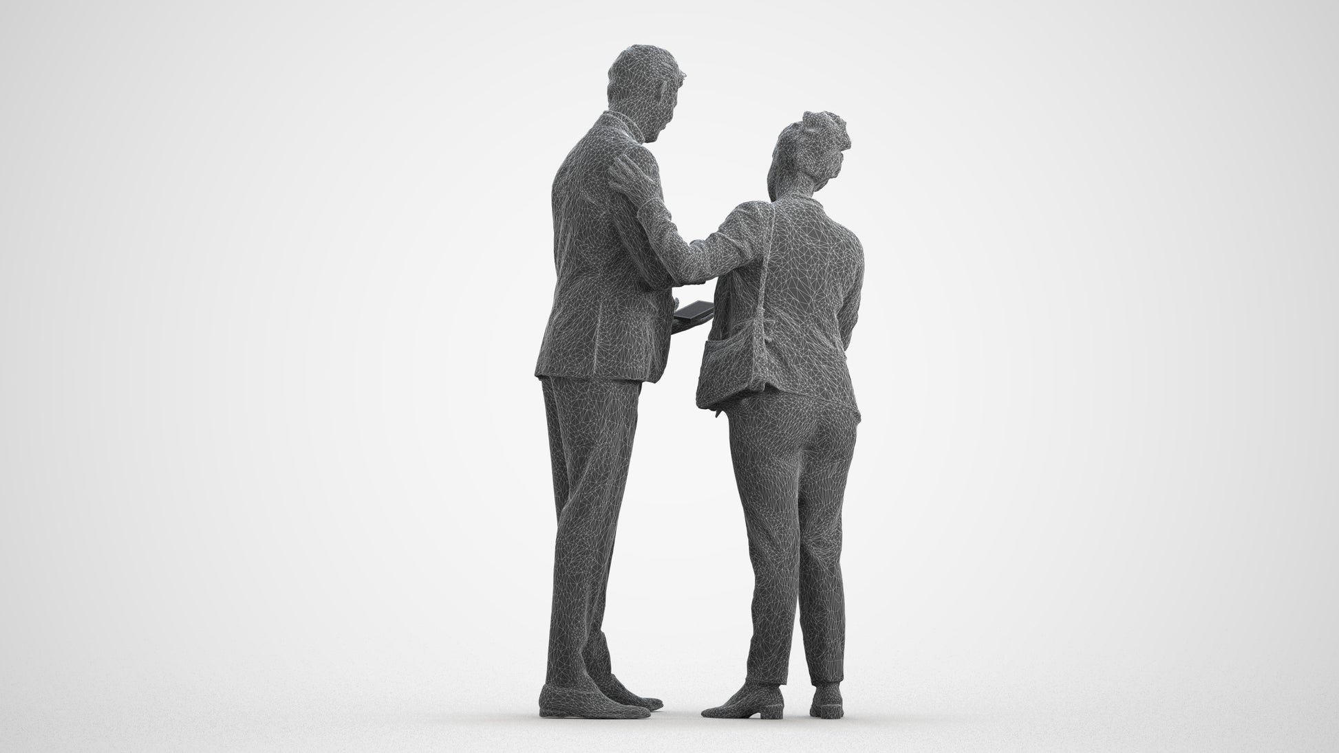 3D human model woman business, photogrammetry scanned person for archviz, wireframe front view