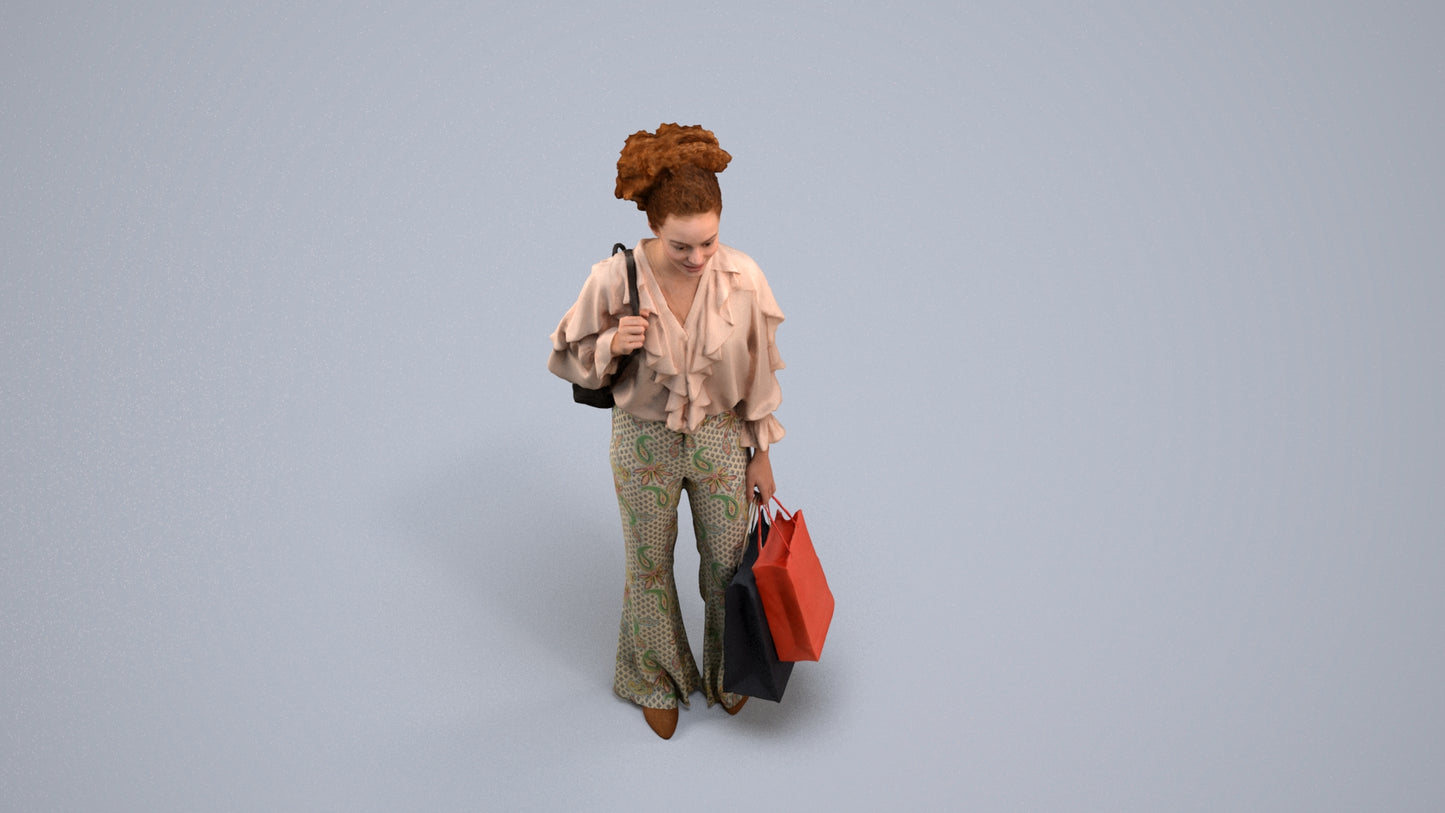 realistic 3D human woman casual shopping, archviz people FBX OBJ for Blender, back view render