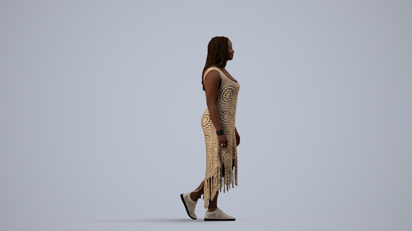 3D human model woman casual standing, photogrammetry scanned person for archviz, side view render