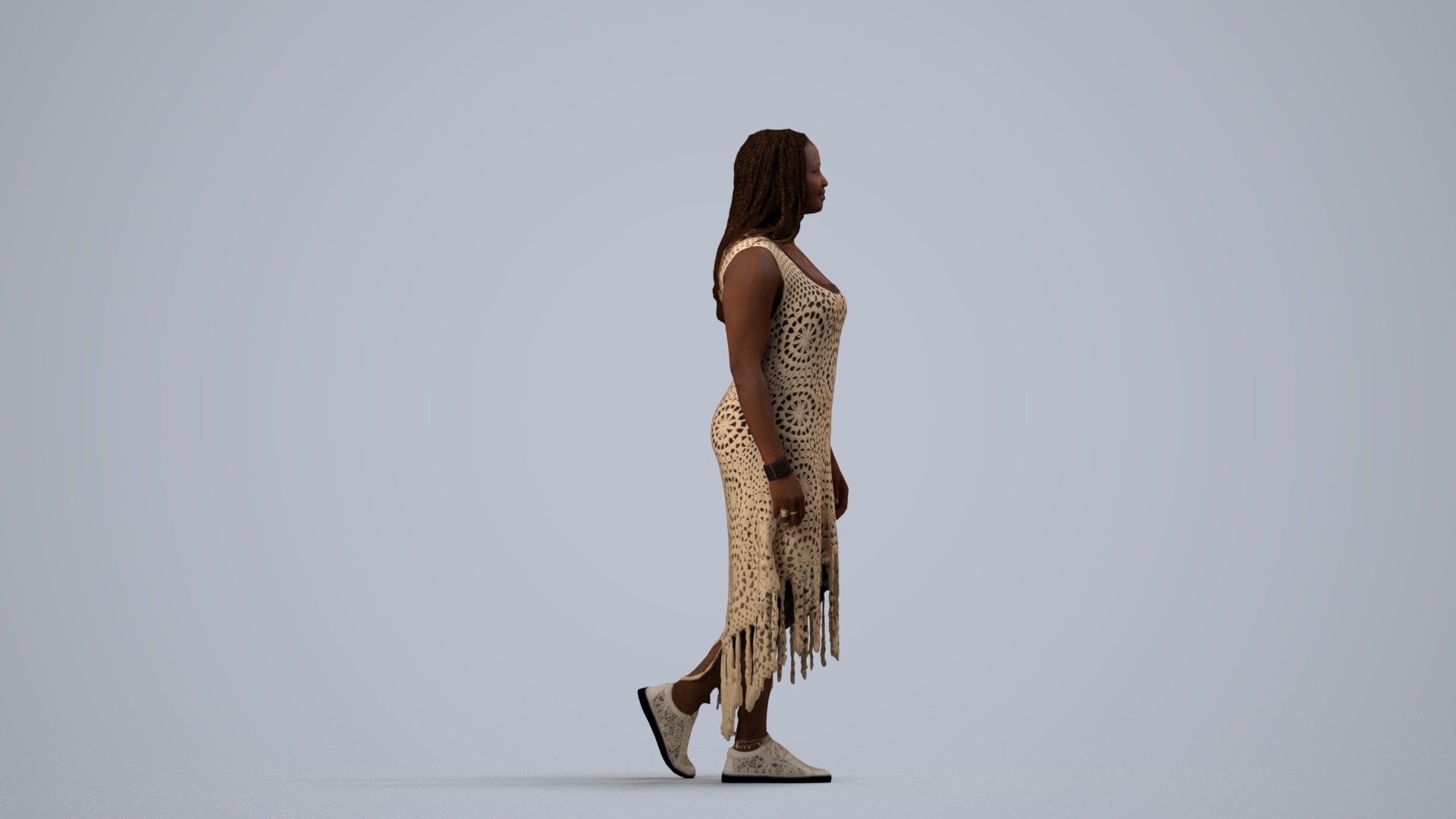 3D human model woman casual standing, photogrammetry scanned person for archviz, side view render