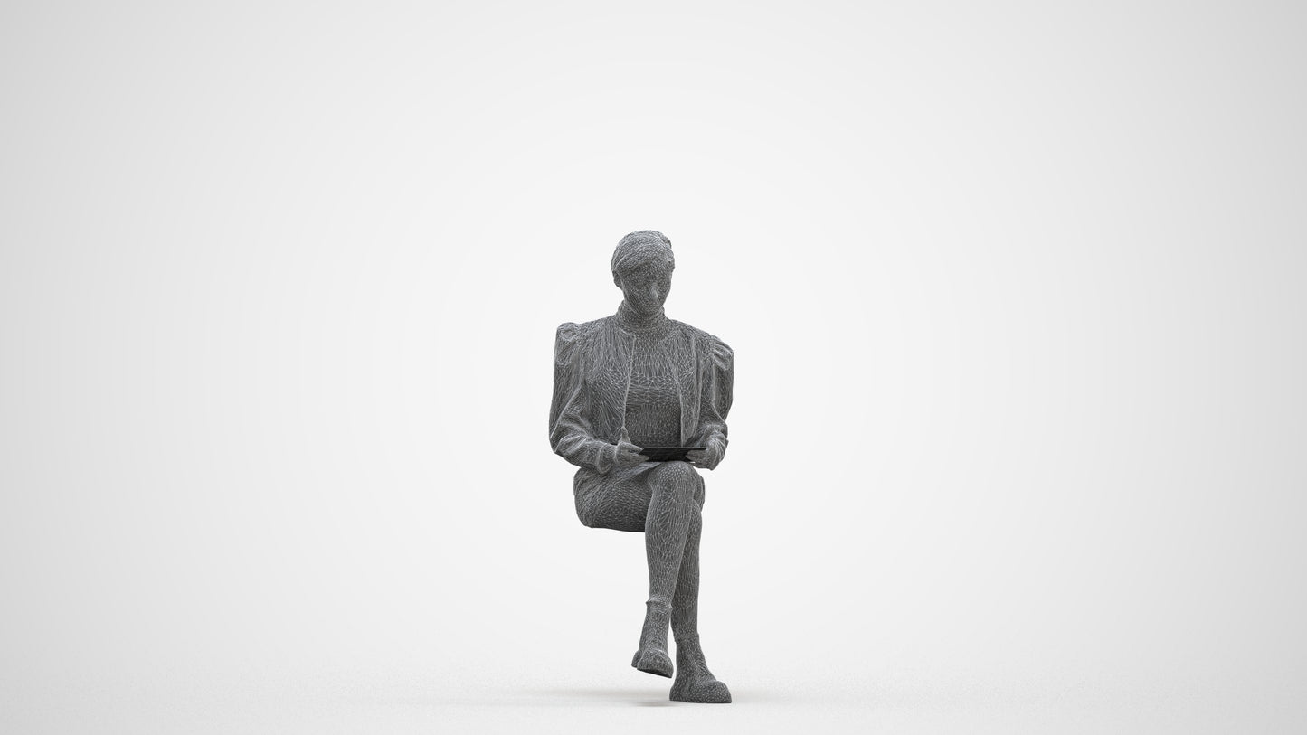 realistic 3D woman business sitting, scanned archviz people for Blender and 3ds Max, three-quarter front view render