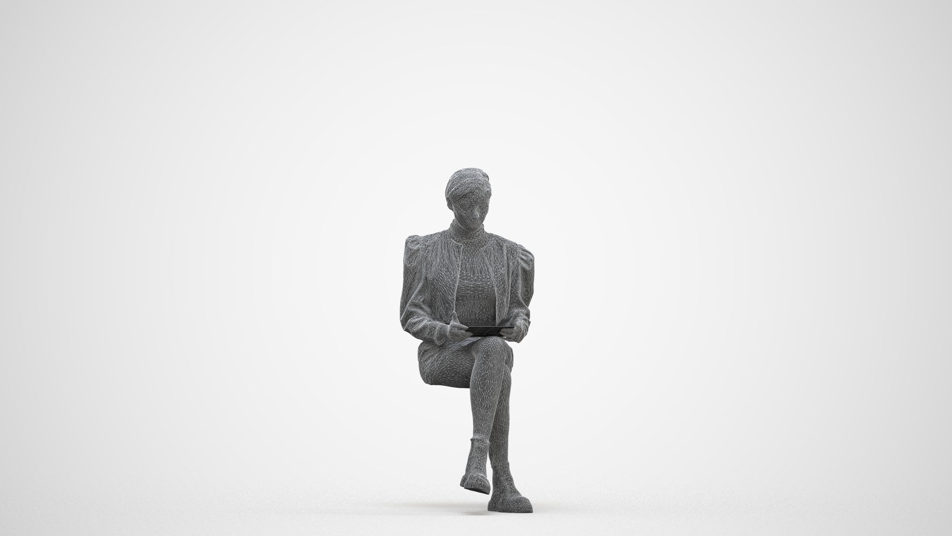 realistic 3D woman business sitting, scanned archviz people for Blender and 3ds Max, three-quarter front view render