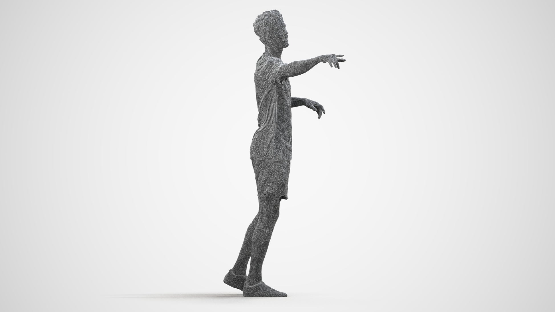 3D human model man sport, photogrammetry scanned person for archviz, wireframe side view