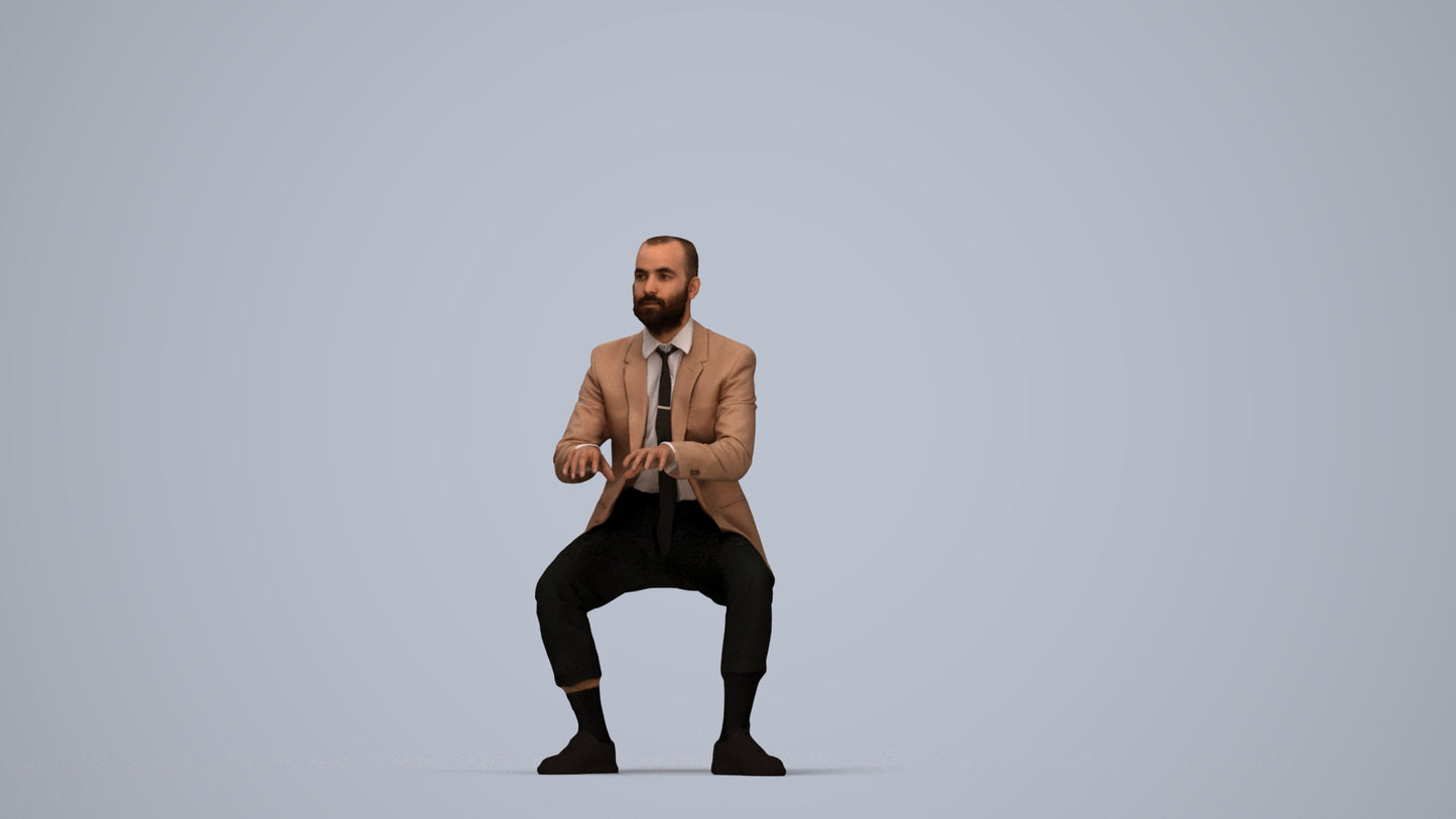 3D human model man business, photogrammetry scanned person for archviz, top-down view render