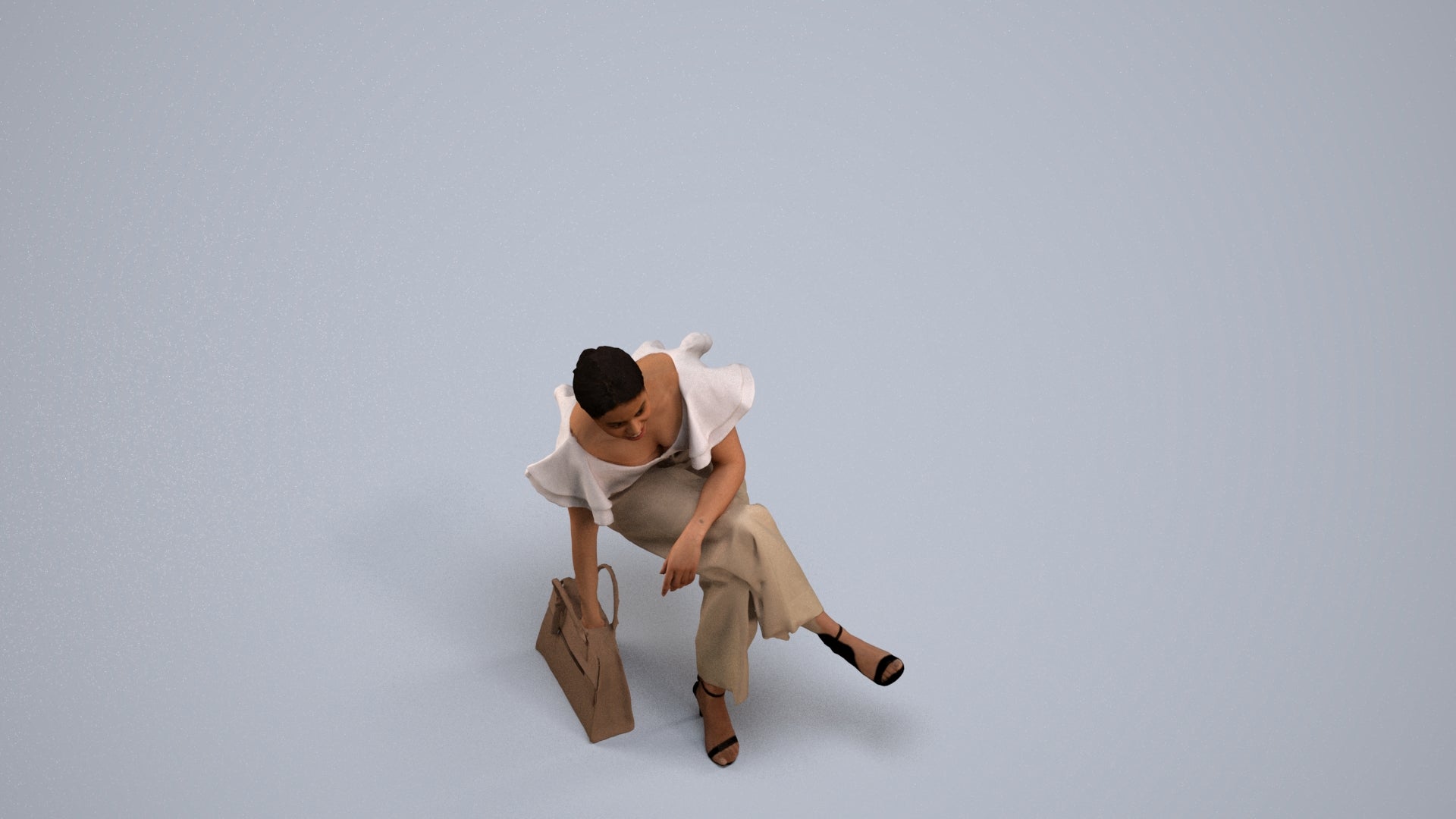 realistic 3D human woman casual sitting, archviz people FBX OBJ for Blender, back view render