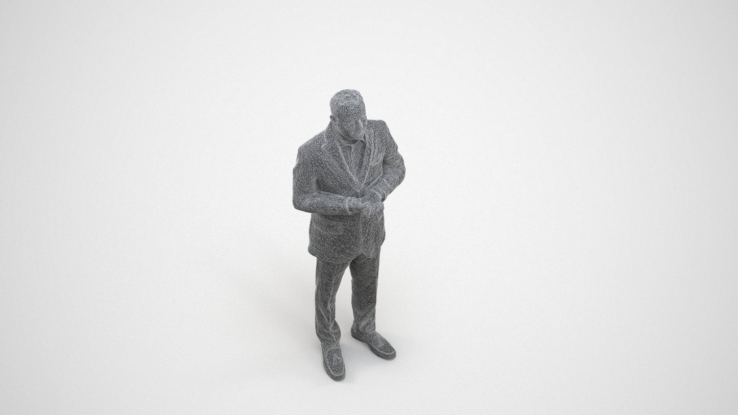 realistic 3D human man formal standing, archviz people FBX OBJ for Blender, wireframe three-quarter view