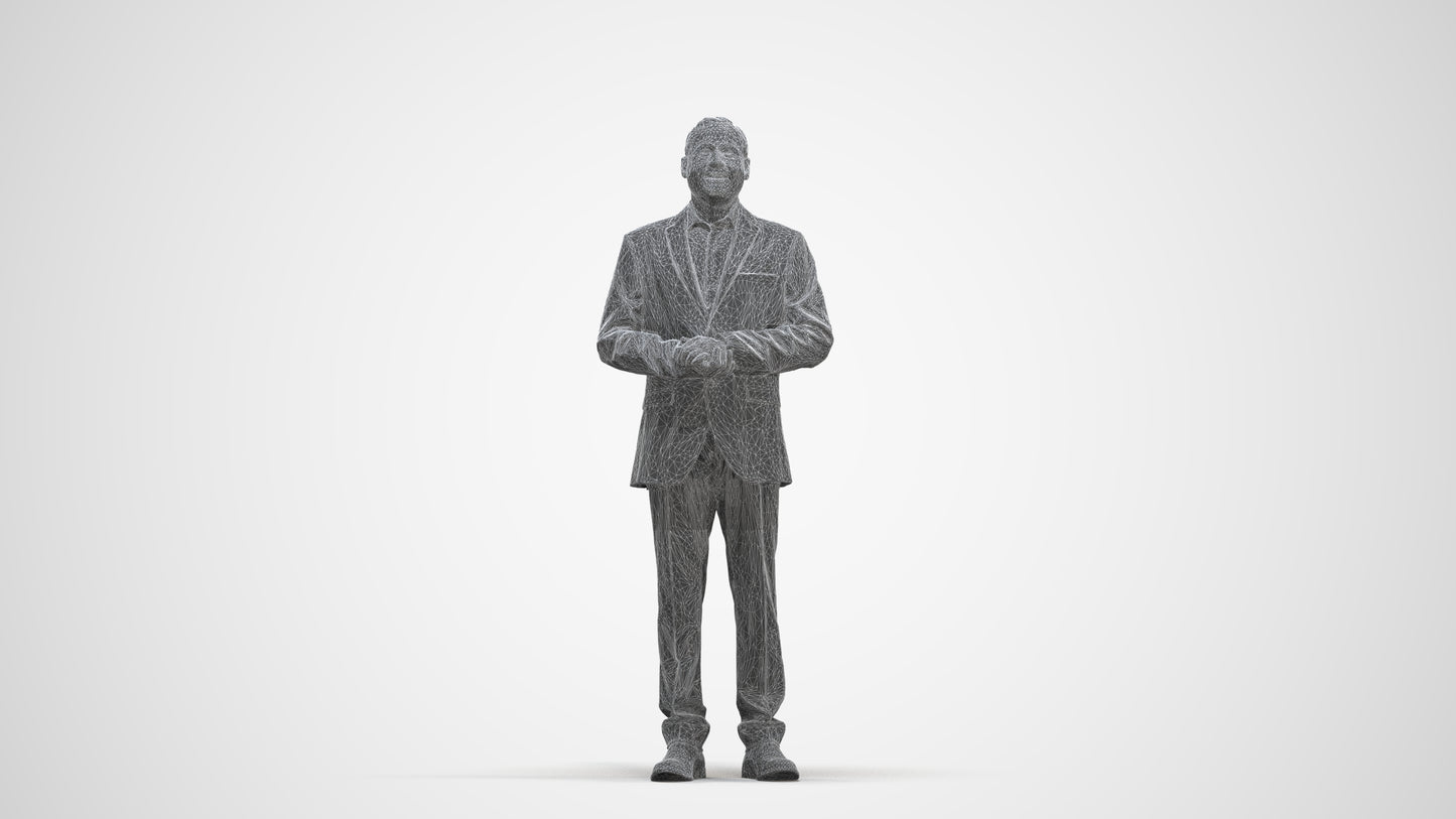 3D human model man business, photogrammetry scanned person for archviz, three-quarter front view render