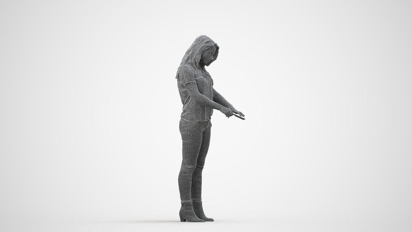 3D human model woman casual standing, photogrammetry scanned person for archviz, wireframe side view