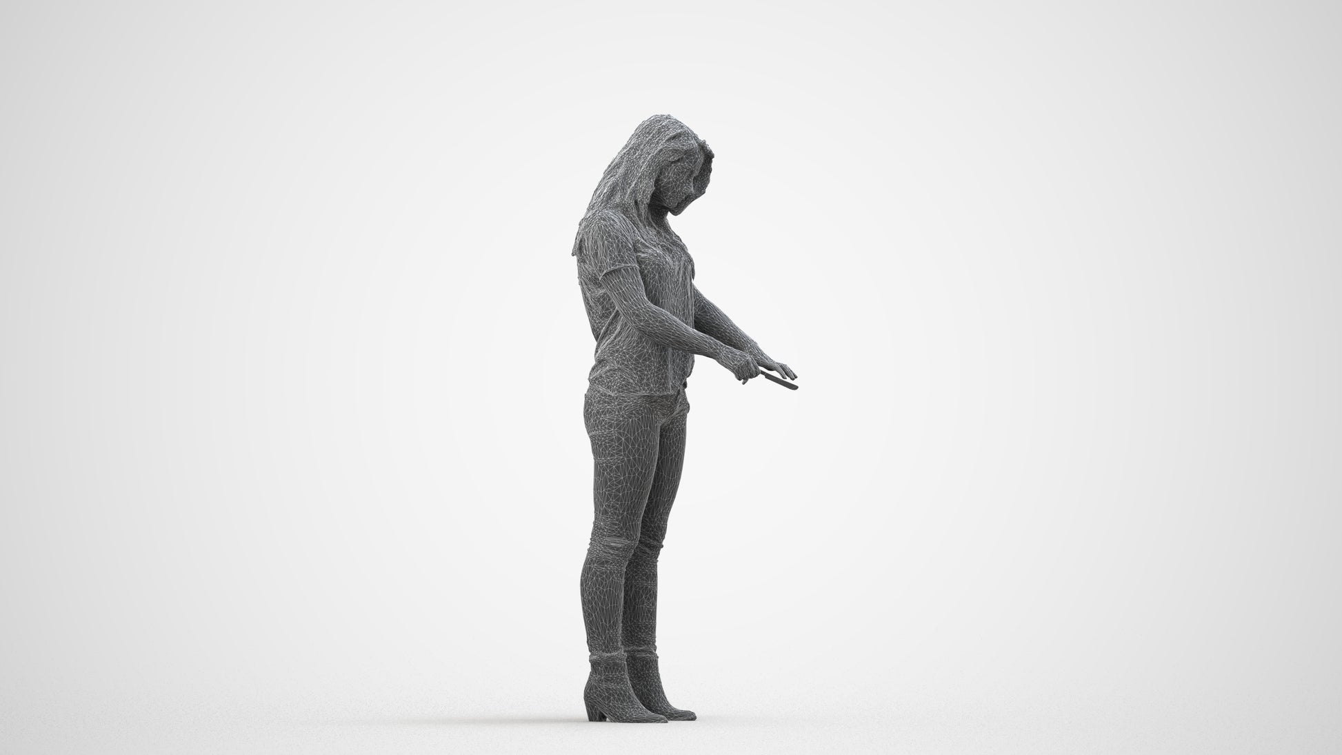 3D human model woman casual standing, photogrammetry scanned person for archviz, wireframe side view
