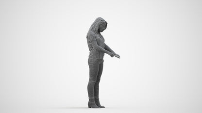 3D human model woman casual standing, photogrammetry scanned person for archviz, wireframe side view