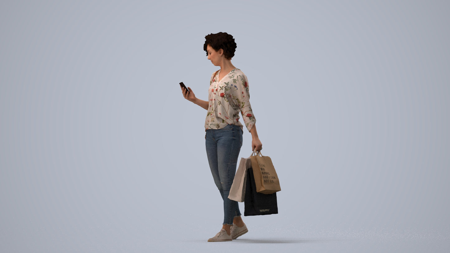 3D human model woman casual standing, photogrammetry scanned person for archviz, three-quarter view render