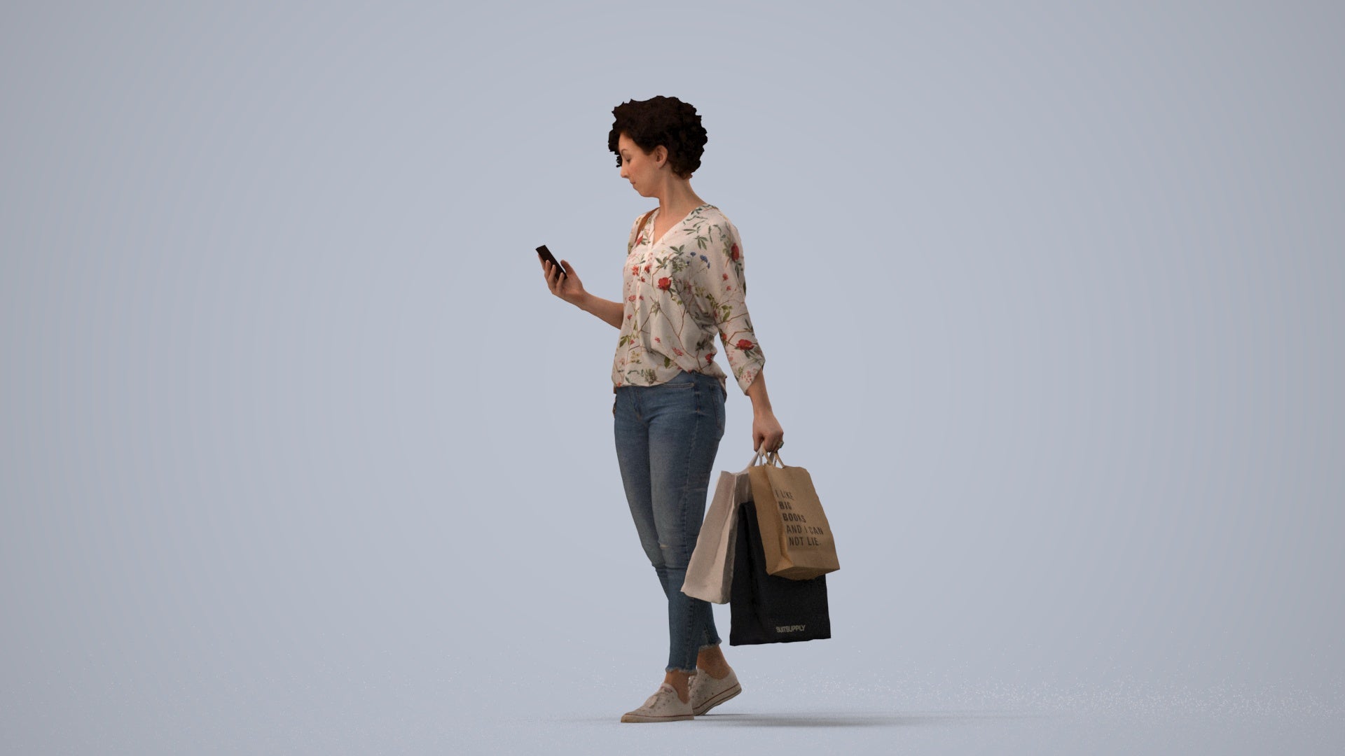 3D human model woman casual standing, photogrammetry scanned person for archviz, three-quarter view render