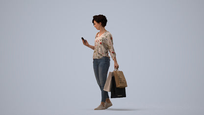 3D human model woman casual standing, photogrammetry scanned person for archviz, three-quarter view render