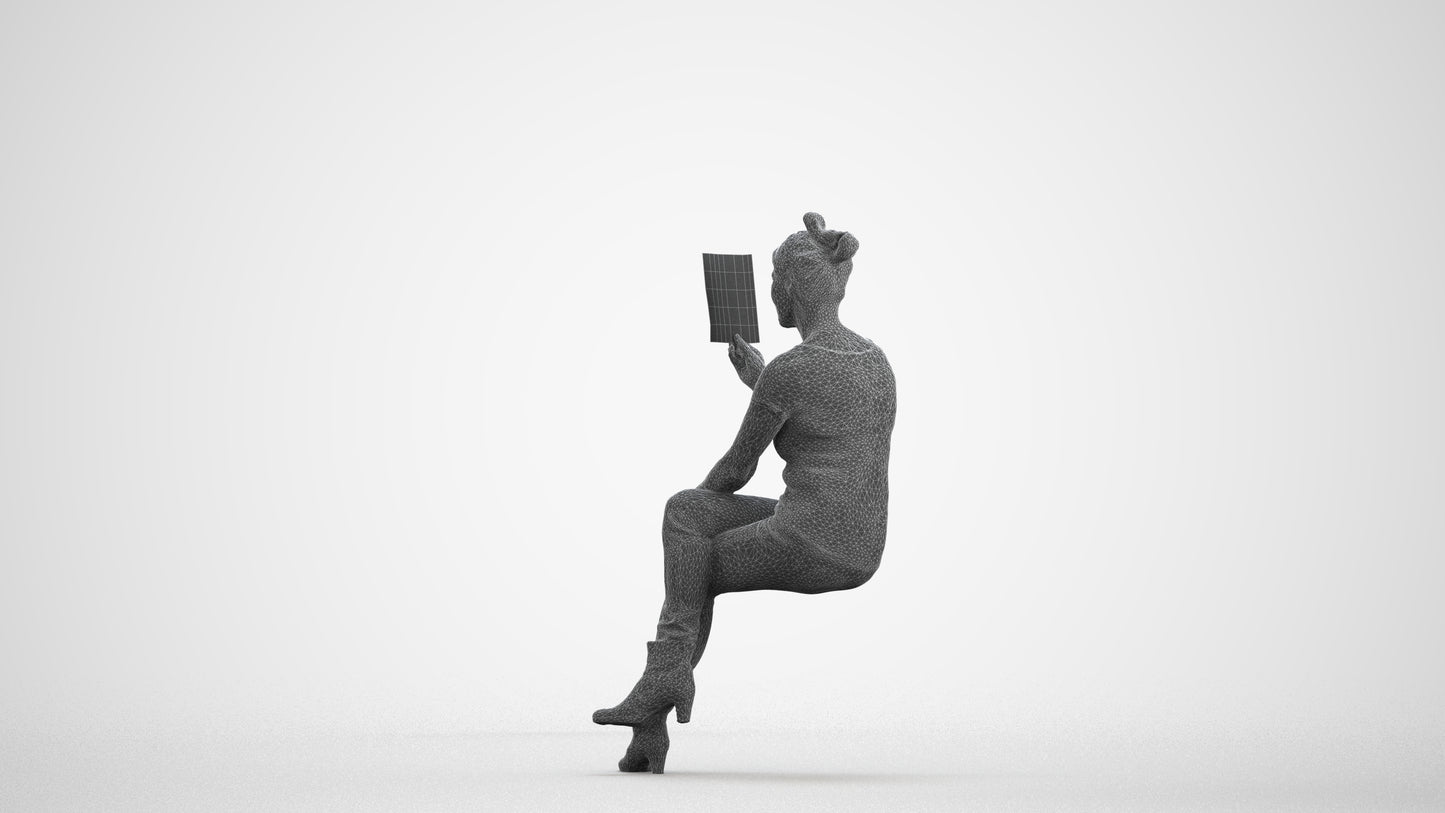 3D scanned senior woman sitting casual, photorealistic archviz people for Enscape and SketchUp, wireframe front view
