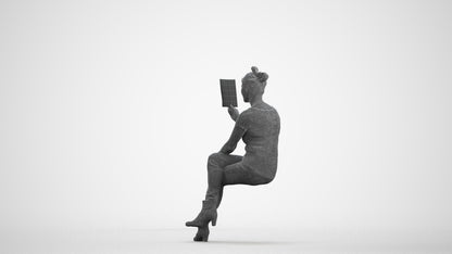 3D scanned senior woman sitting casual, photorealistic archviz people for Enscape and SketchUp, wireframe front view