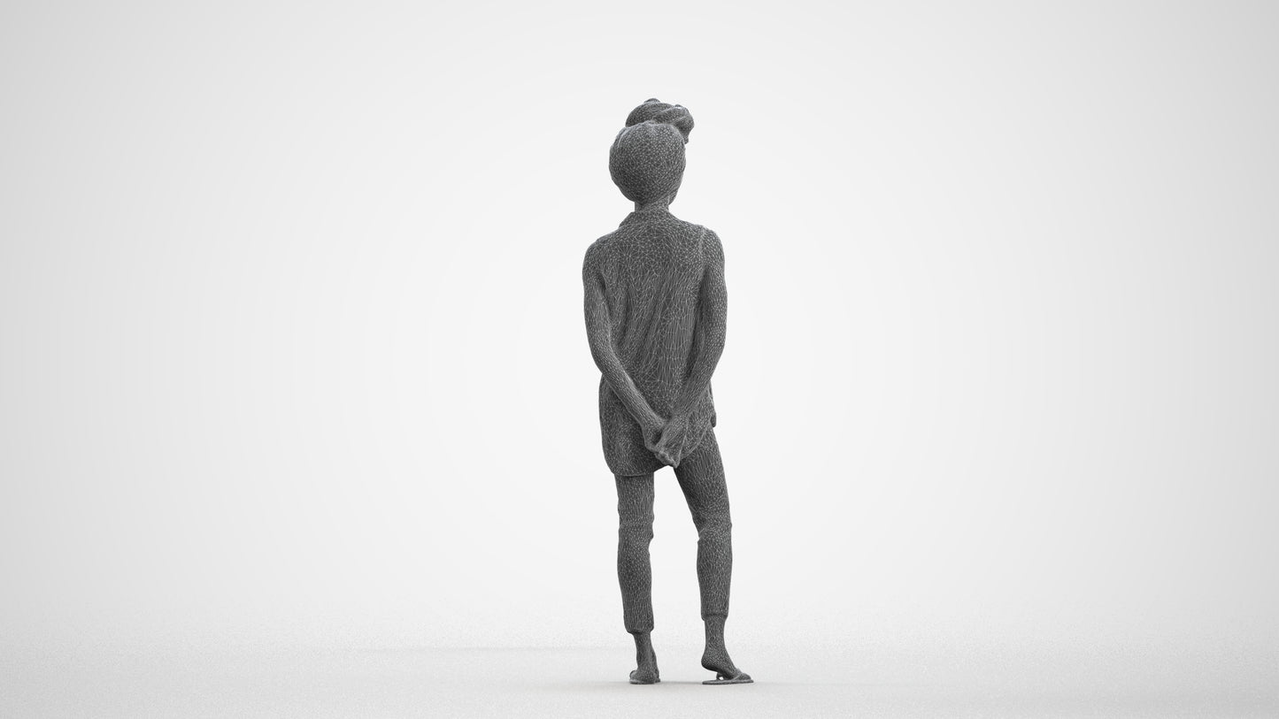 3D human model woman casual standing, photogrammetry scanned person for archviz, wireframe front view