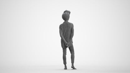 3D human model woman casual standing, photogrammetry scanned person for archviz, wireframe front view