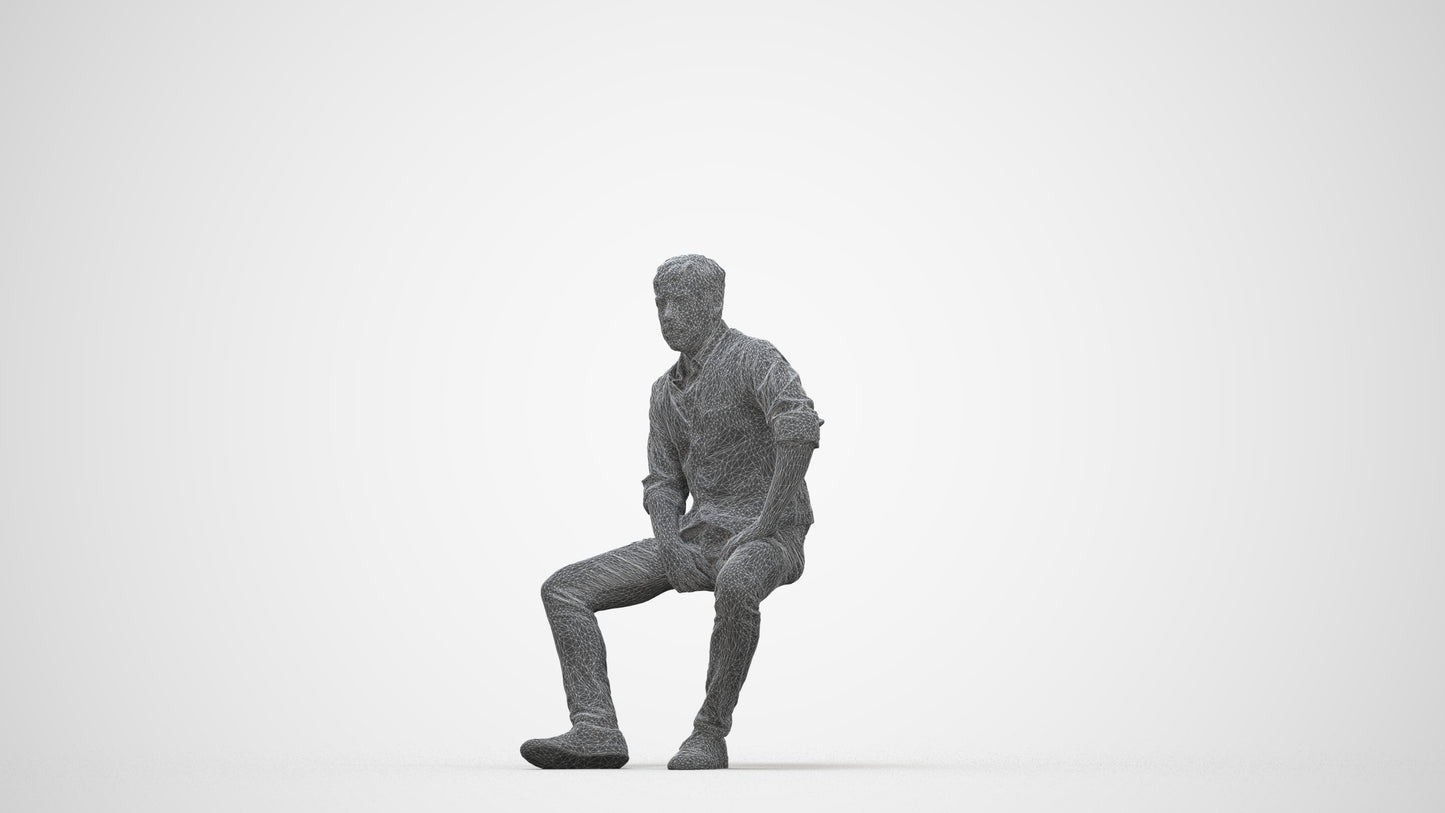 scanned 3D man casual sitting, photogrammetry people for Enscape and V-Ray, wireframe back view