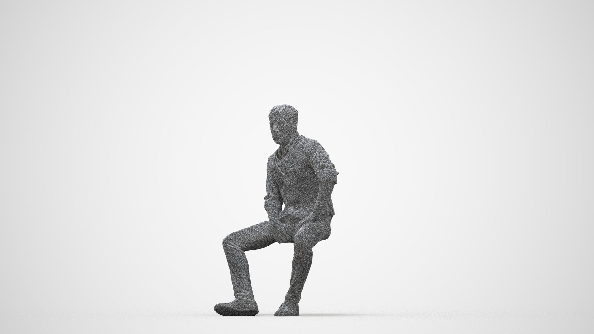 scanned 3D man casual sitting, photogrammetry people for Enscape and V-Ray, wireframe back view