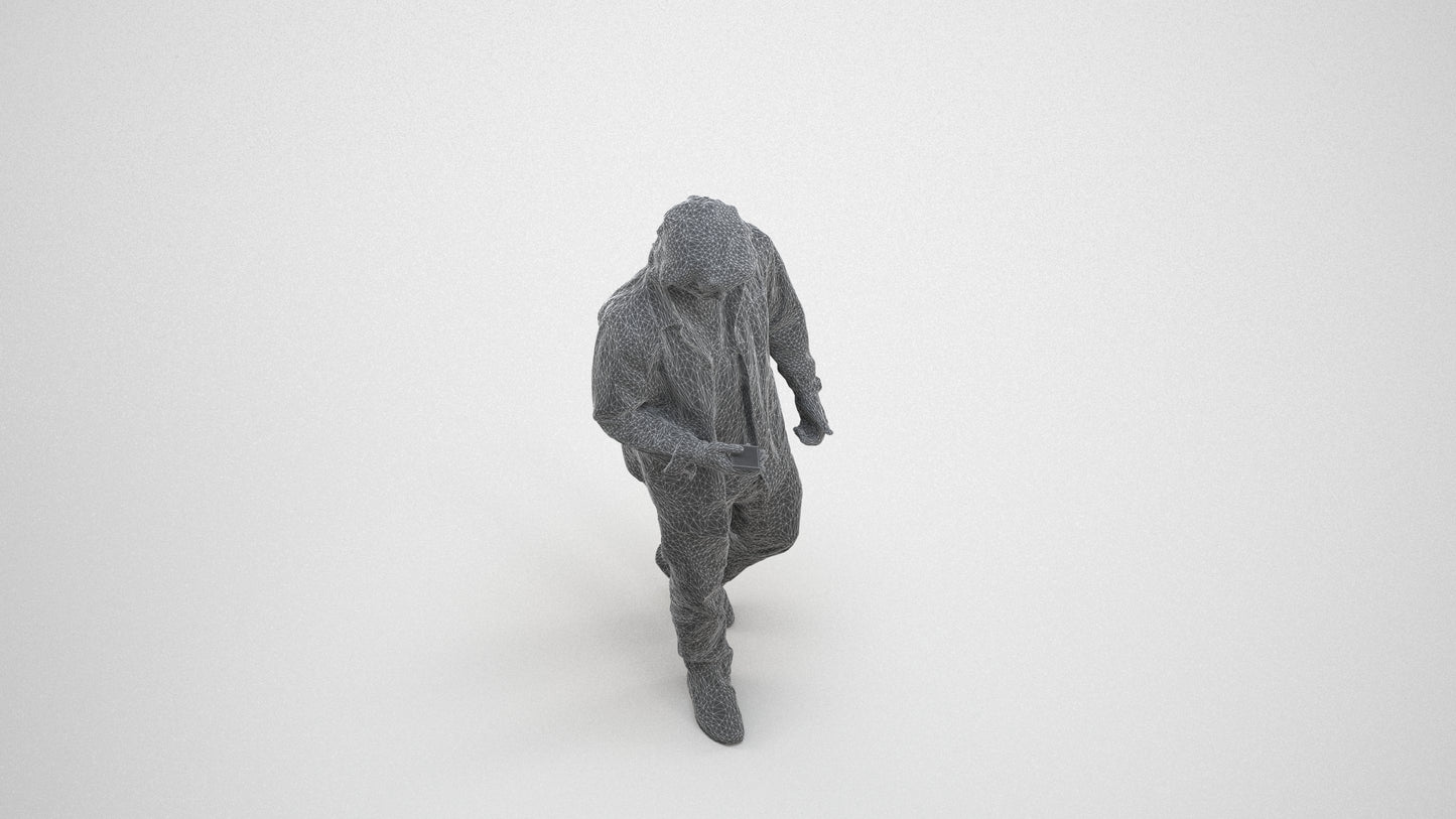 3D scanned man walking casual, photorealistic archviz people for Enscape and SketchUp, wireframe three-quarter view