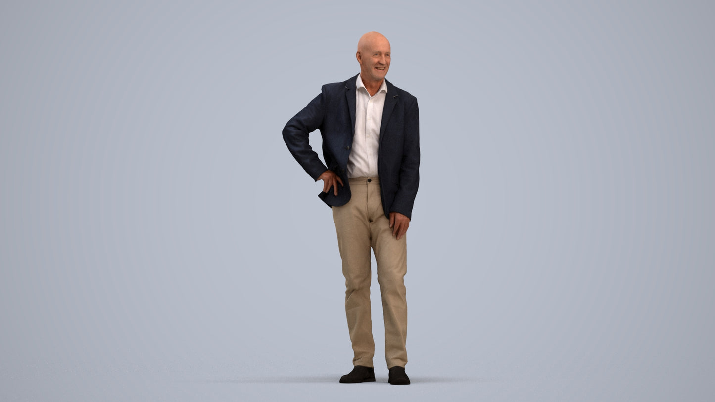 realistic 3D senior man business, scanned archviz people for Blender and 3ds Max, standing pose render