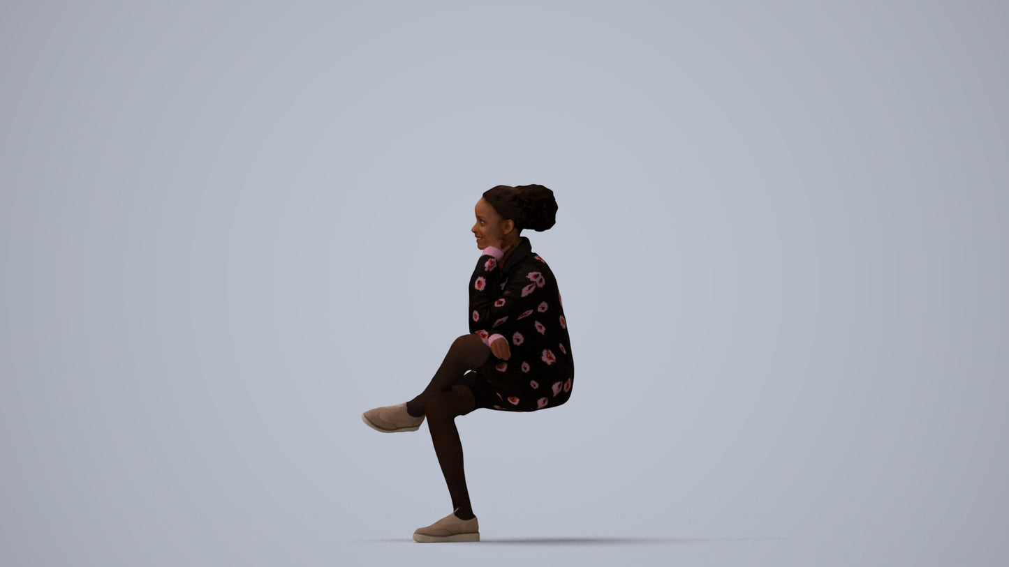 realistic 3D human woman casual sitting, archviz people FBX OBJ for Blender, three-quarter view render