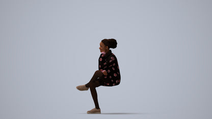 realistic 3D human woman casual sitting, archviz people FBX OBJ for Blender, three-quarter view render