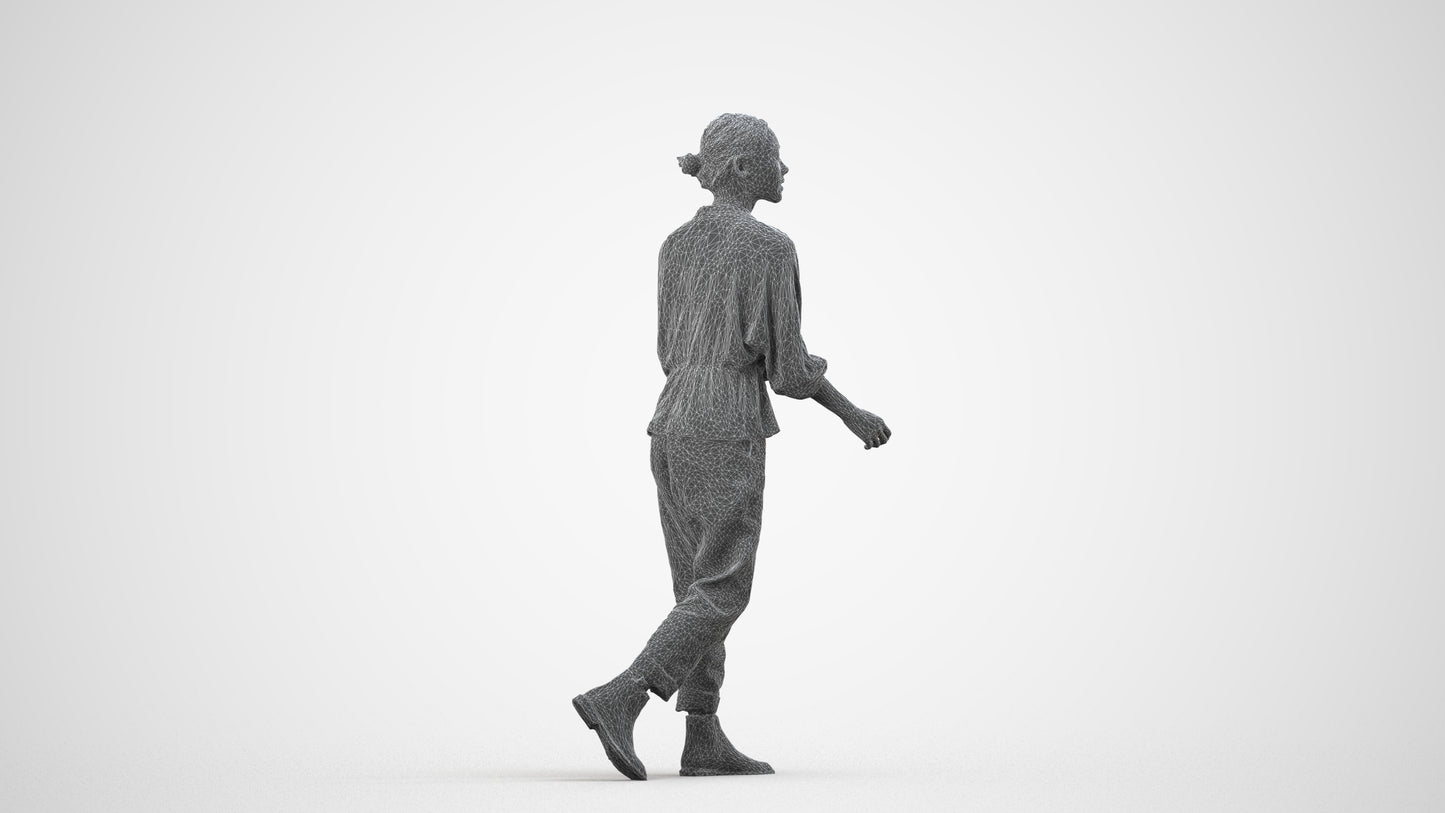 realistic 3D human woman casual walking, archviz people FBX OBJ for Blender, wireframe side view
