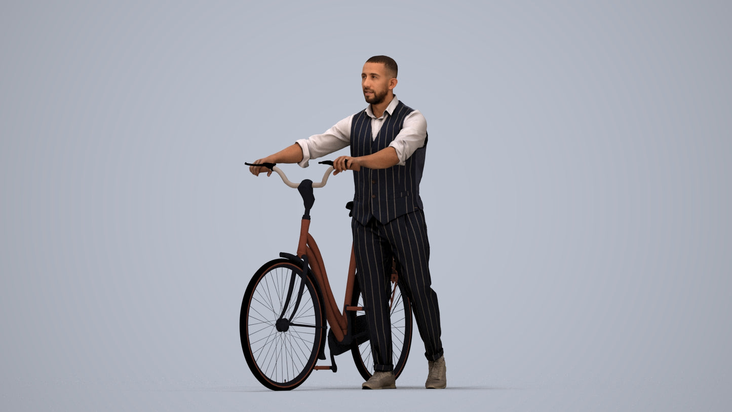 3D human model man business cycling, photogrammetry scanned person for archviz, top-down view render