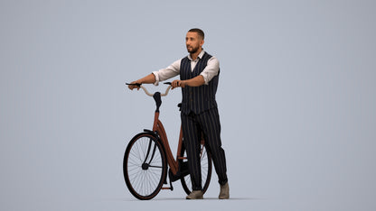 3D human model man business cycling, photogrammetry scanned person for archviz, top-down view render