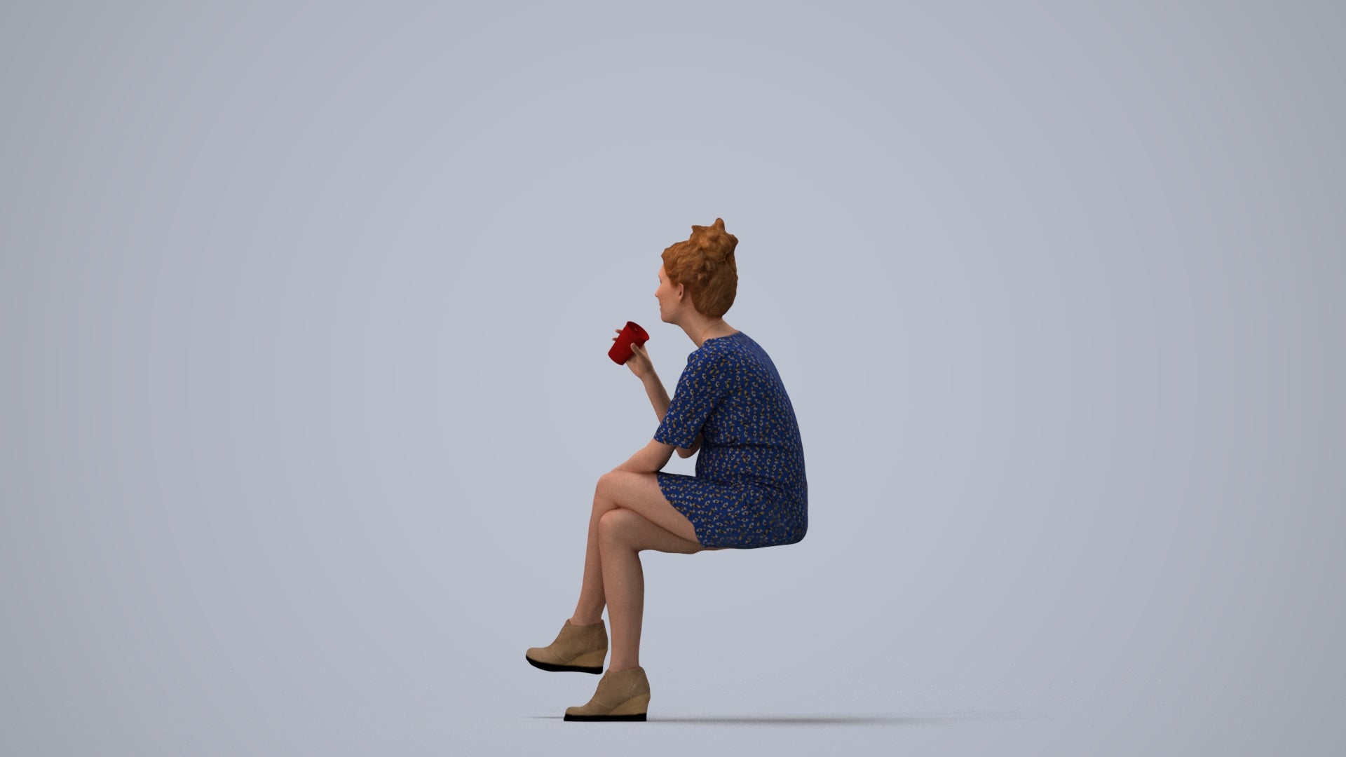 scanned 3D woman casual sitting, photogrammetry people for Enscape and V-Ray, three-quarter view render