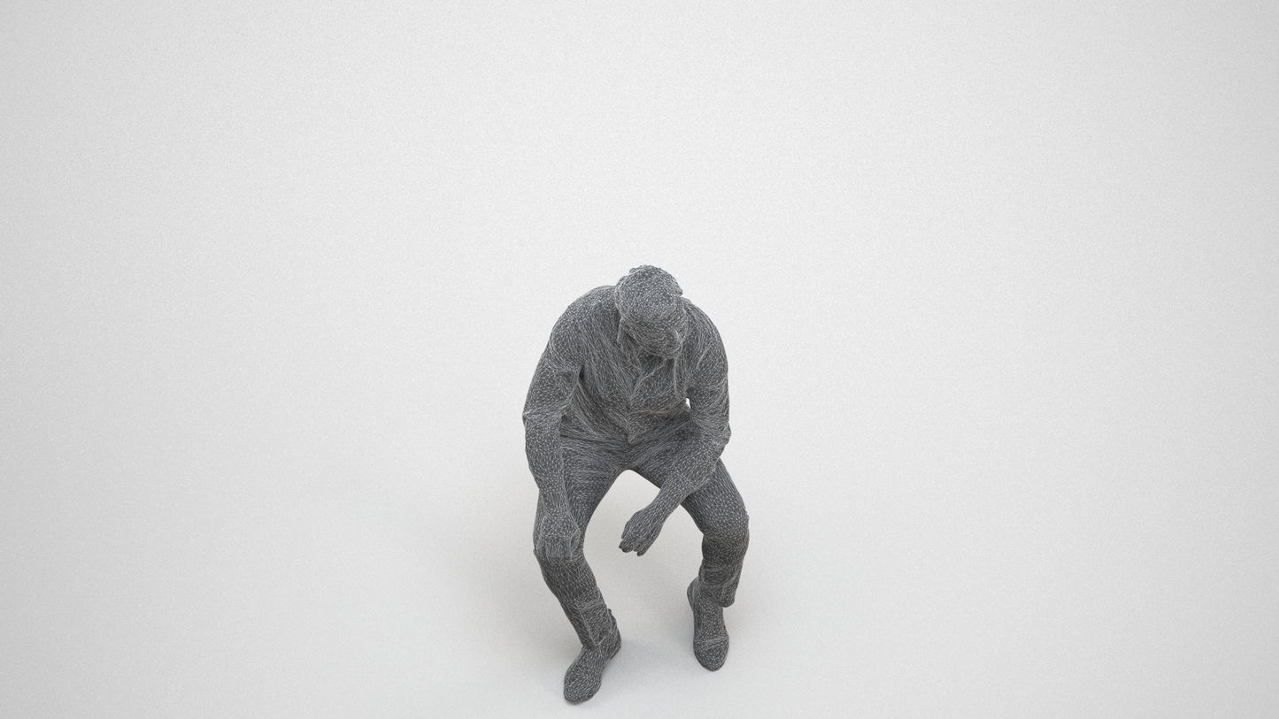 3D people model man casual sitting, scanned human for 3ds Max rendering, wireframe three-quarter view