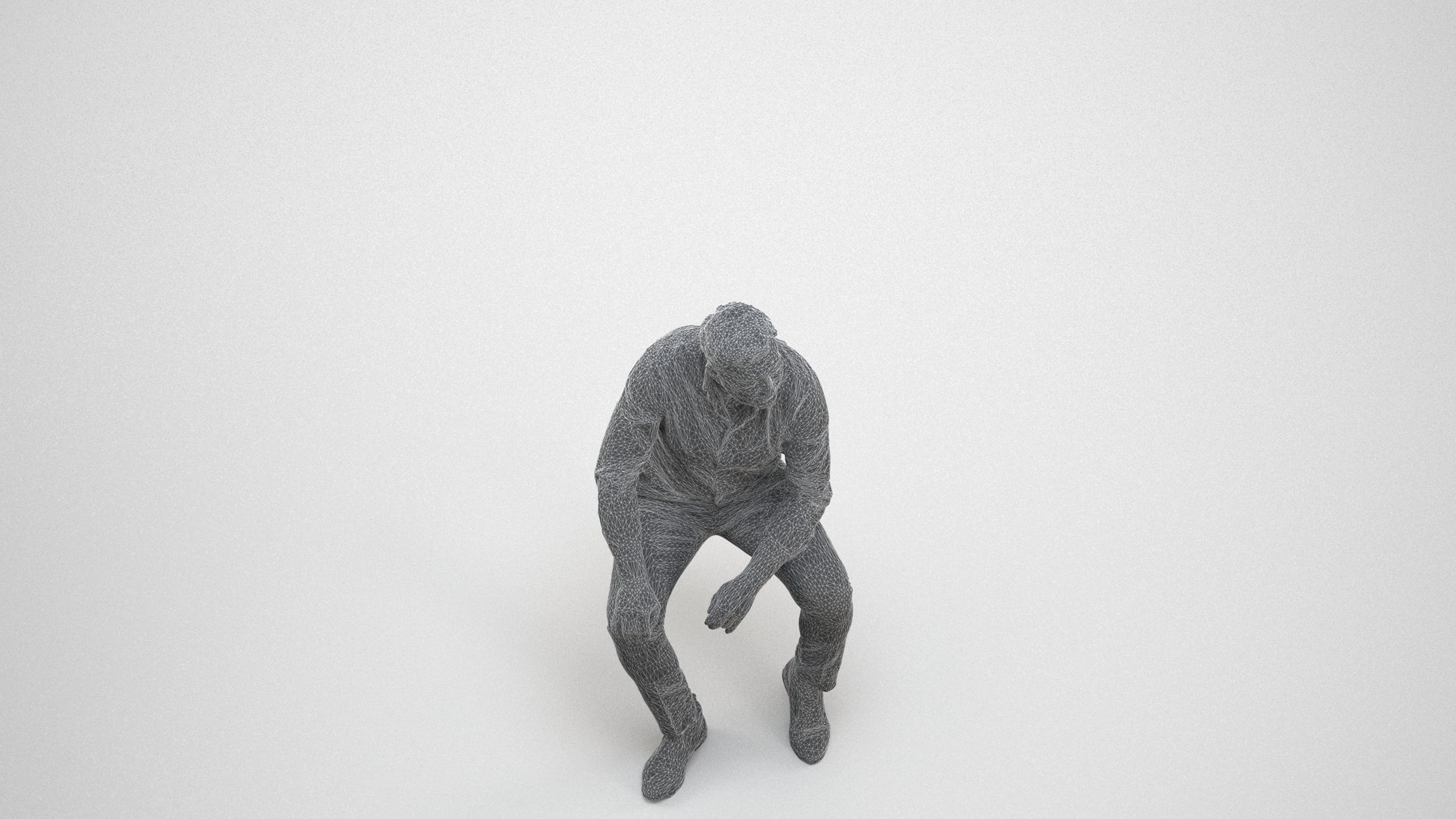 3D people model man casual sitting, scanned human for 3ds Max rendering, wireframe three-quarter view