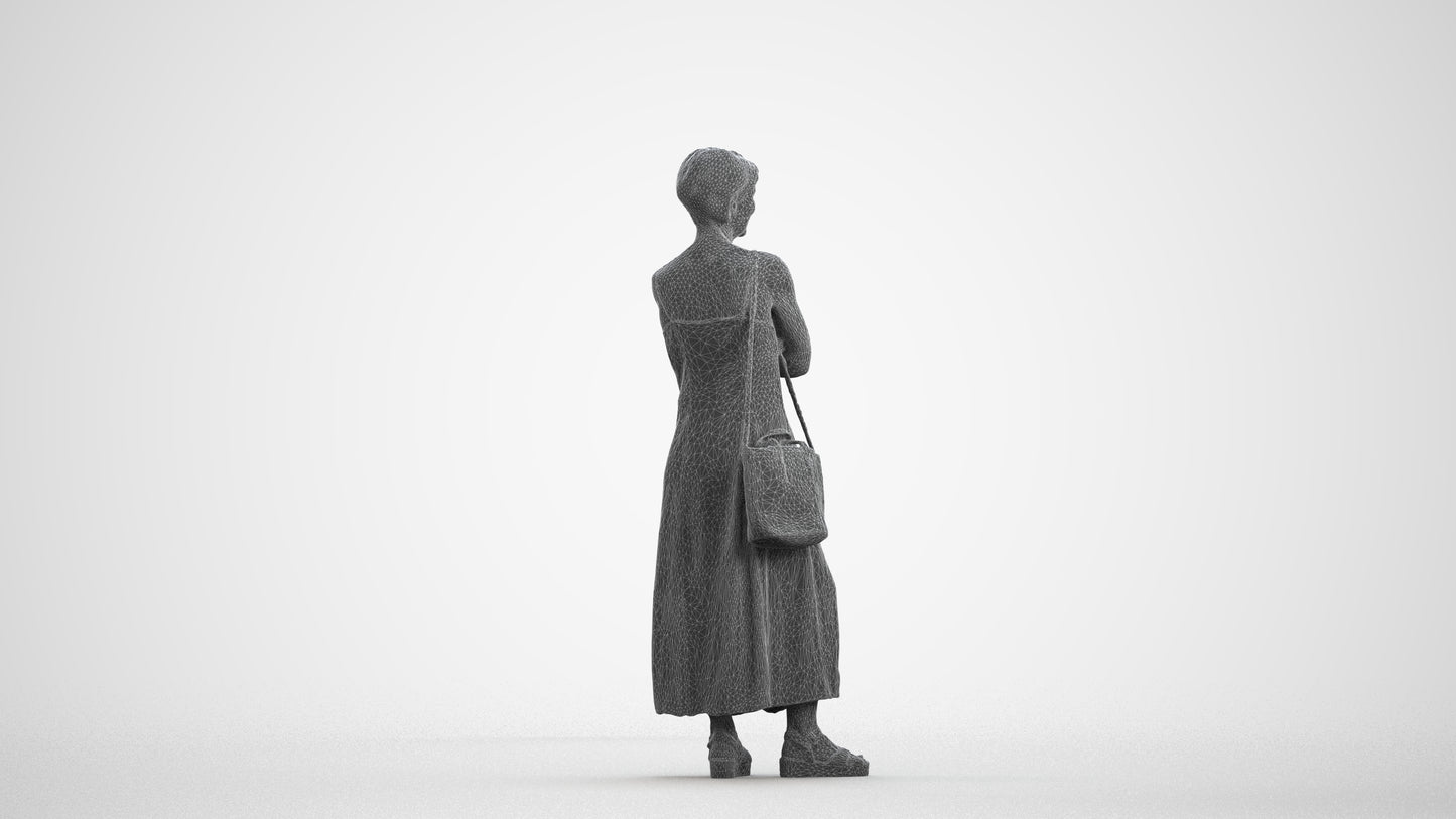 3D human model senior woman standing, photogrammetry scanned person for archviz, wireframe front view