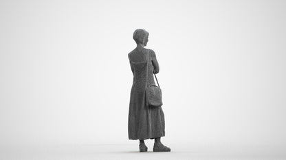 3D human model senior woman standing, photogrammetry scanned person for archviz, wireframe front view