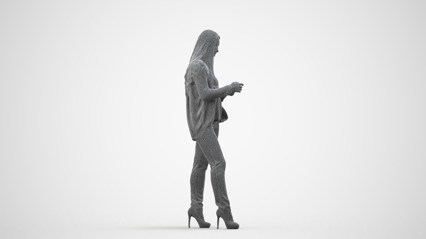 realistic 3D people woman business standing, render-ready for V-Ray and Corona, FBX OBJ, wireframe side view