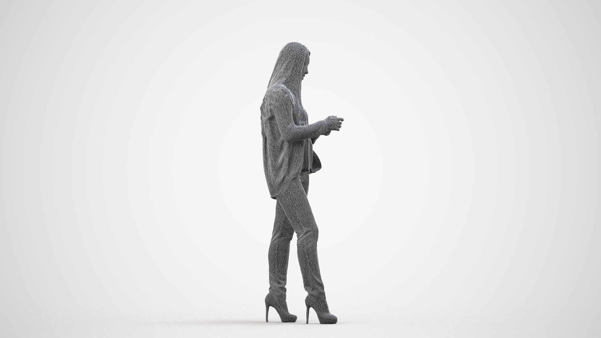 realistic 3D people woman business standing, render-ready for V-Ray and Corona, FBX OBJ, wireframe side view